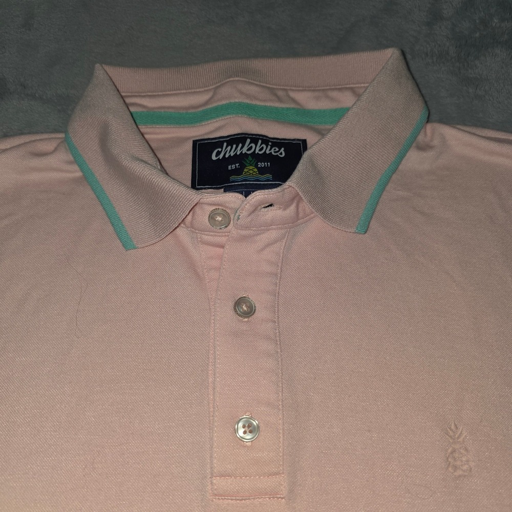 Chubbies Mens Pink Short Sleeve Polo Shirt Mint Green Trim Large